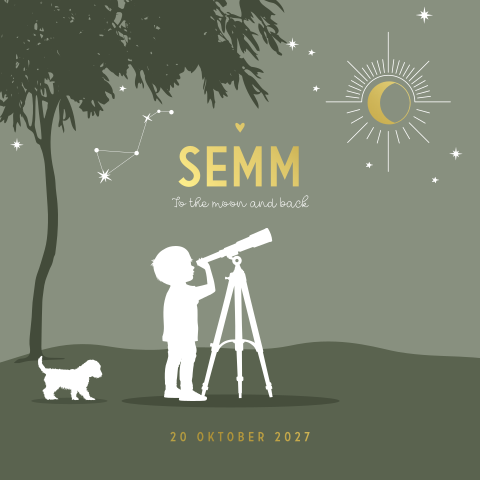 Geboortekaartje jongen silhouet met telescoop en hondje