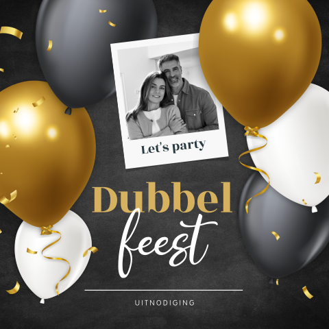 Dubbel feest uitnodiging met ballonnen, confetti en foto