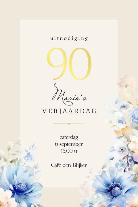 Luxe en stijlvolle verjaardagsuitnodiging voor 90 jaar met bloemen