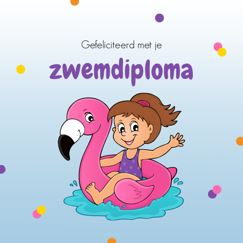 Zwemdiploma wenskaart meisje op flamingo opblaasband met confetti