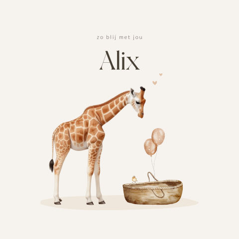 Unisex geboortekaartje met giraffe bij wieg van baby