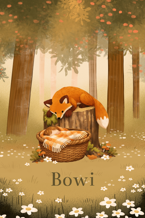 Unisex geboortekaartje met vos en baby in mand in het bos