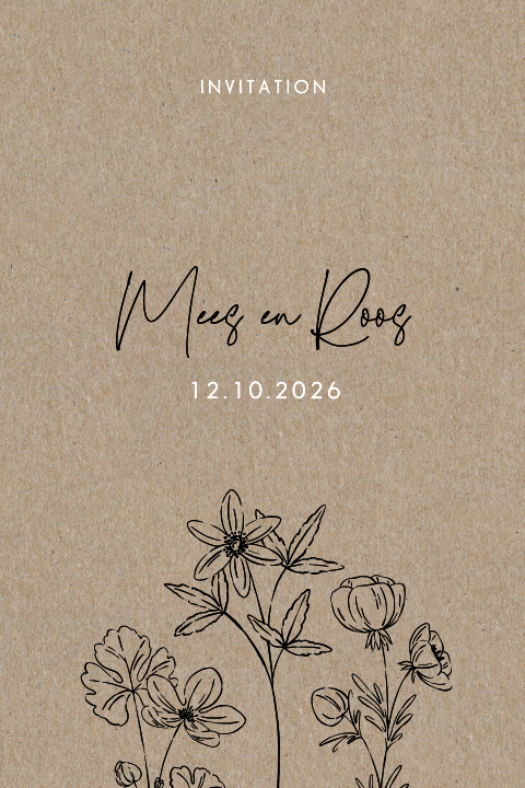 Kraft trouwkaart met getekende bloemen