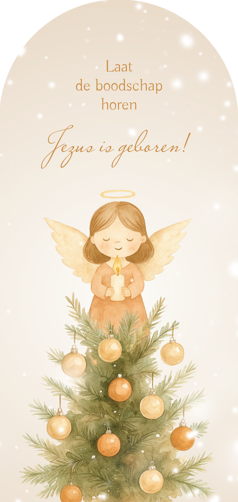 Boogvormige kerstkaart met engel, kaars en kerstboom
