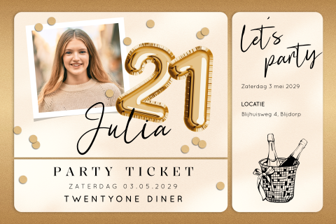 Ticket uitnodiging verjaardag 21 diner goud voor een vrouw met foto