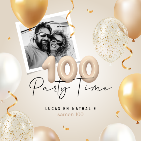 Feestelijke dubbel feest samen 100 uitnodiging met ballonnen en foto
