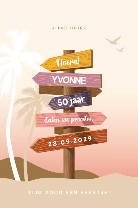50 jaar verjaardag uitnodiging met wegwijzer op het strand