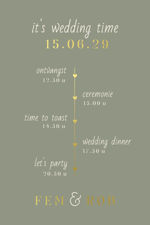 Luxe trouwkaart met tijdlijn trouwdag en luxe goudfolie