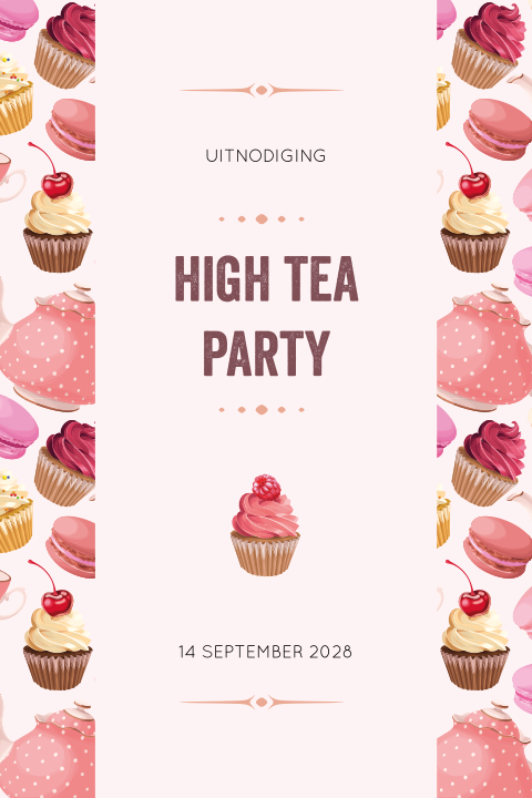 High tea uitnodiging met leuke theepot, cupcakes en macarons