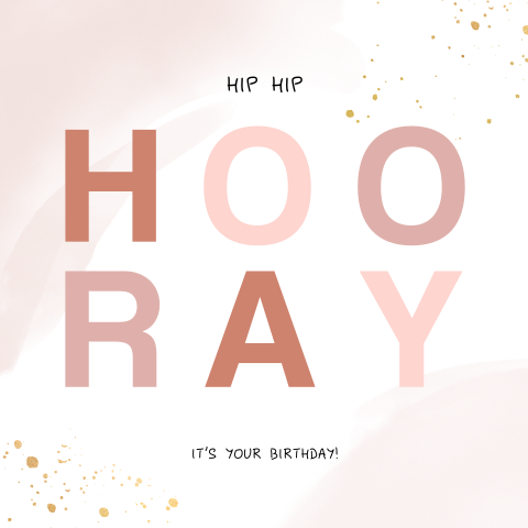 Hip hip hooray verjaardagskaart met aquarel en gouden spetters