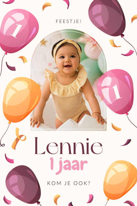 Kinderfeest uitnodiging voor een meisje 1 jaar met foto, ballonnen en confetti