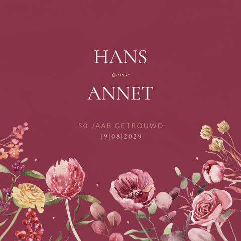 Romantische uitnodiging 50 jarig huwelijksjubileum met bloemen