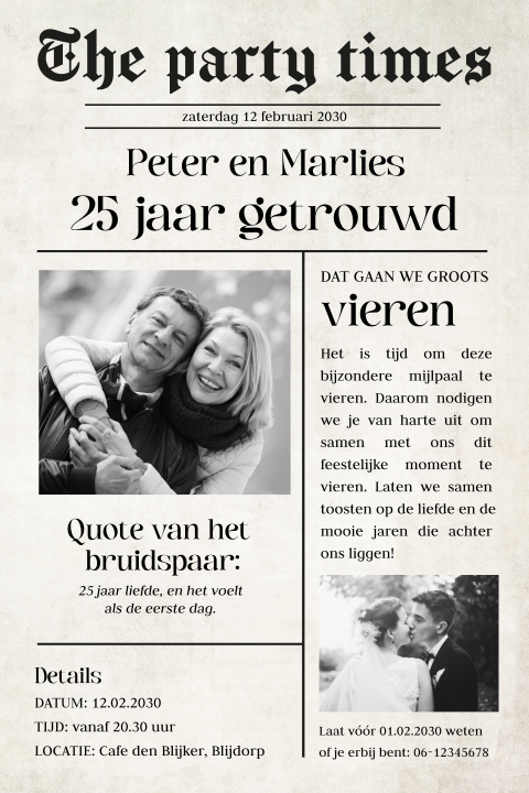 Krantlook jubileumuitnodiging 25 jaar getrouwd met eigen foto's