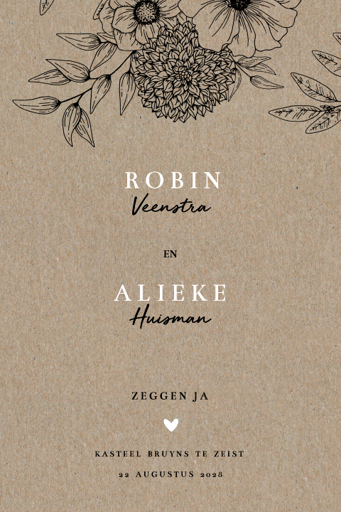 Trouwkaart op écht kraft met getekende bloemen