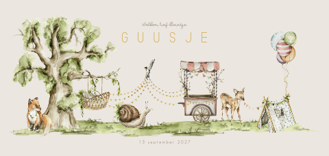 Feestelijk unisex geboortekaartje met festival tentje en bosdieren