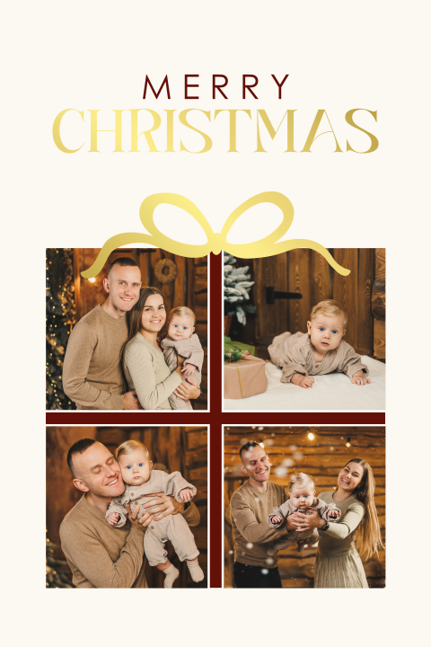 Kerstkaart met fotocollage als cadeau met goudfolie strik