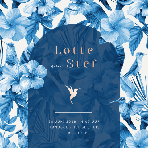 Luxe Delfts blauwe trouwkaart met bloemen en vogels