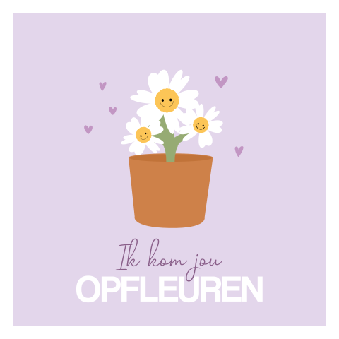 Opfleurende beterschapskaart met madeliefjes in bloempot en hartjes