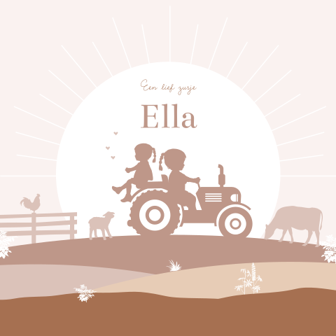 Zusjes op tractor silhouet kaartje in boerderij thema