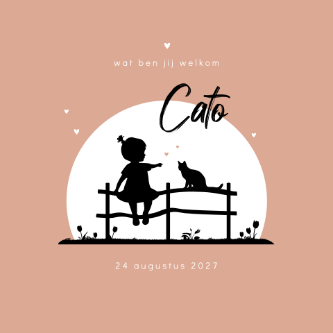 Meisje met kat silhouet geboortekaartje