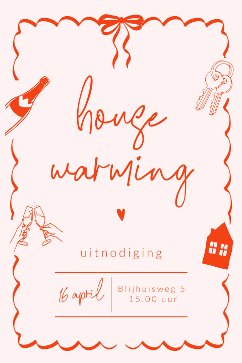Uitnodiging housewarming met strik, sleutel en huisje