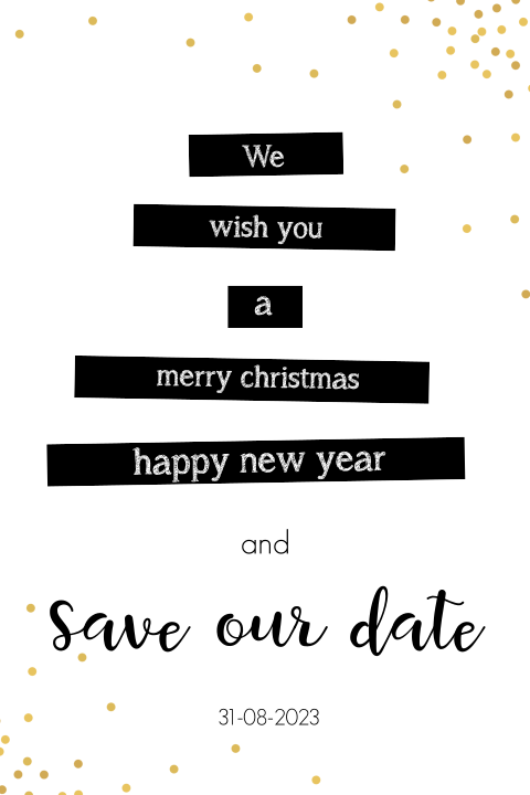 Hippe Save the date kerstkaart met labels en confetti