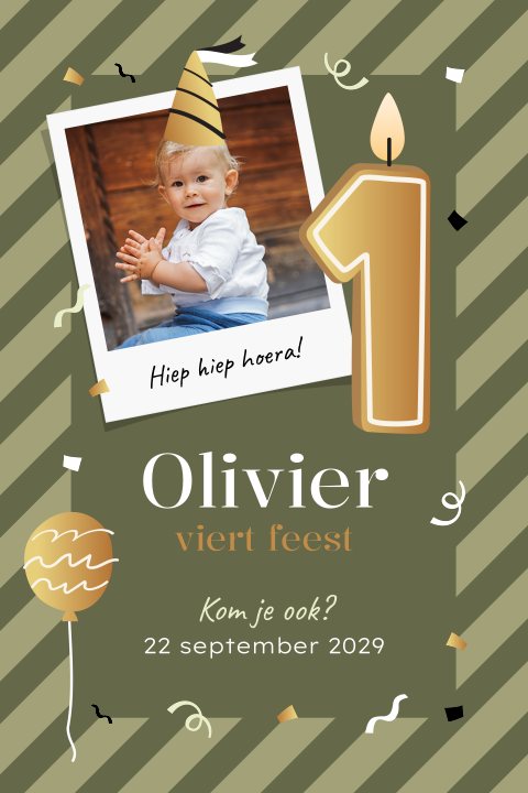 Kinderfeest uitnodiging 1 jaar met foto, kaarsje en confetti