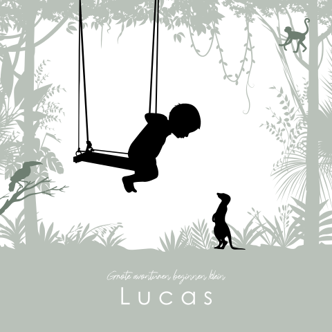 Silhouet kaartje jongen op schommel in de tropische jungle