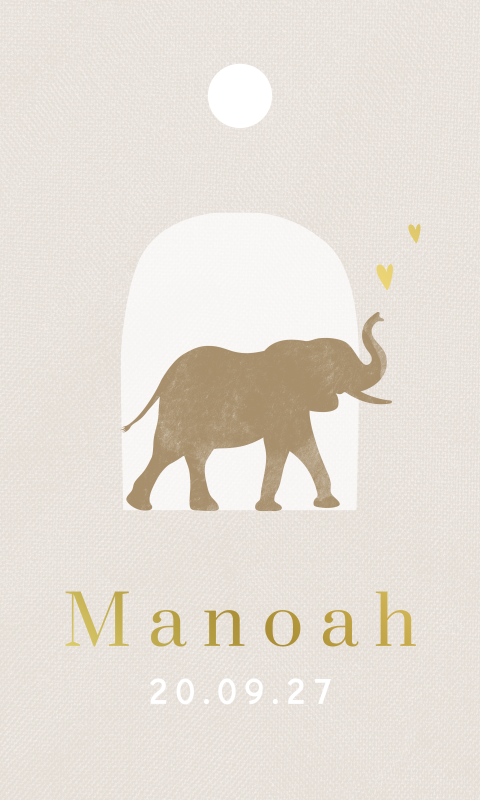 Neutraal geboortelabeltje met olifantje en goudfolie (per 18 stuks)