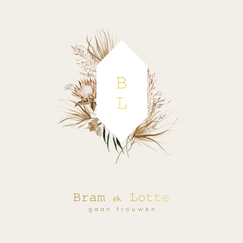 Romantische trouwkaart met droogbloemen en echt goudfolie