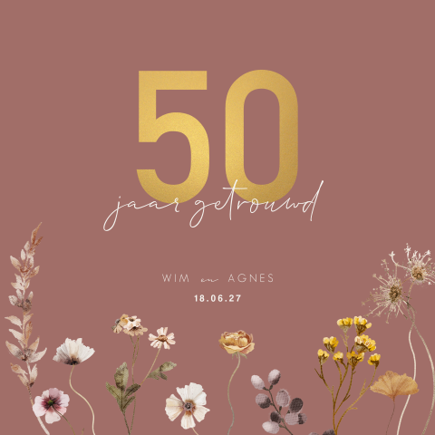 Uitnodiging jubileum 50 jaar getrouwd bloemen met goudlook