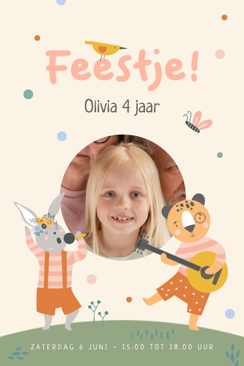 Vrolijke uitnodiging kinderfeestje 4 jaar met foto en dieren