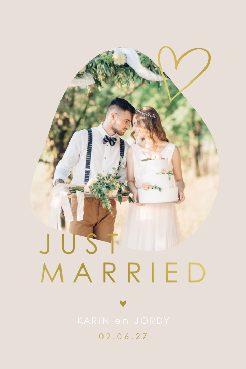 Just married kaart met foto en luxe goudfolie