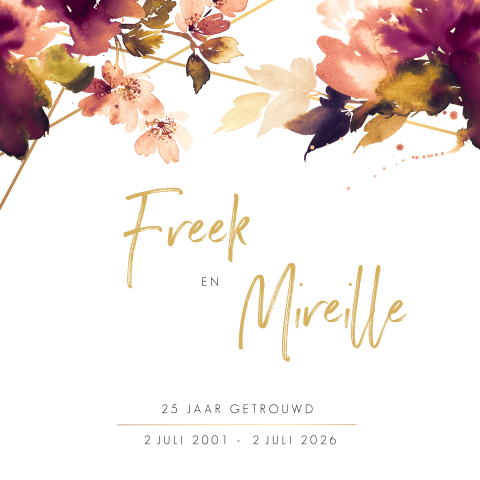 Romantische 25 jaar getrouwd uitnodiging met bloemen en goudtinten