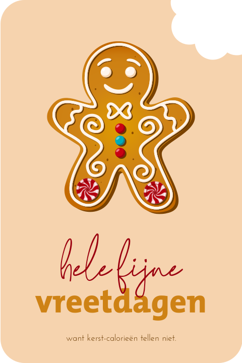 Grappige kerstkaart met gingerbread poppetje en hapje uit kaart
