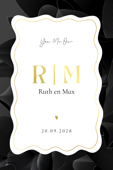 Luxe trouwkaart met initialen, organisch kader en goudlfolie