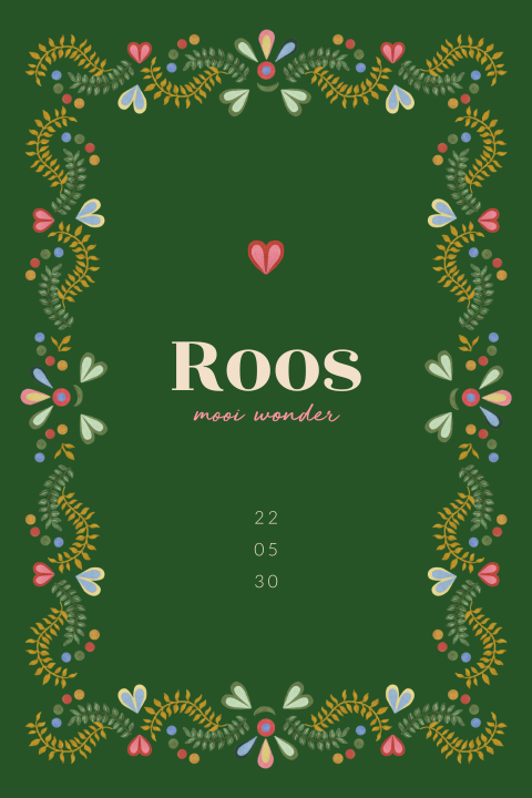 Geboortekaartje meisje met boho eclectic kader van hartjesbloemen