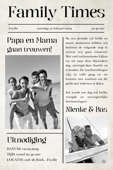 Trouwkaart krant papa en mama trouwen met foto