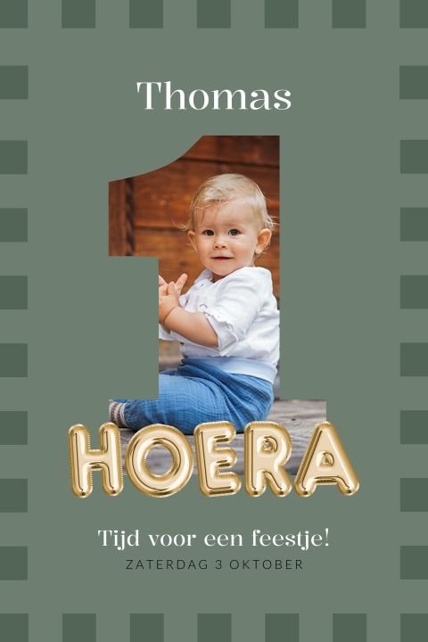 Stoere uitnodiging voor de eerste 1 verjaardag met eigen foto