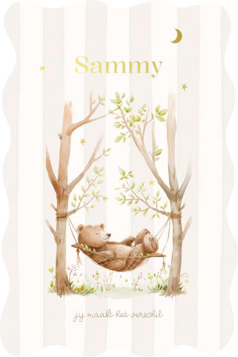 Origineel unisex geboortekaartje met beer, sterren en golvende rand