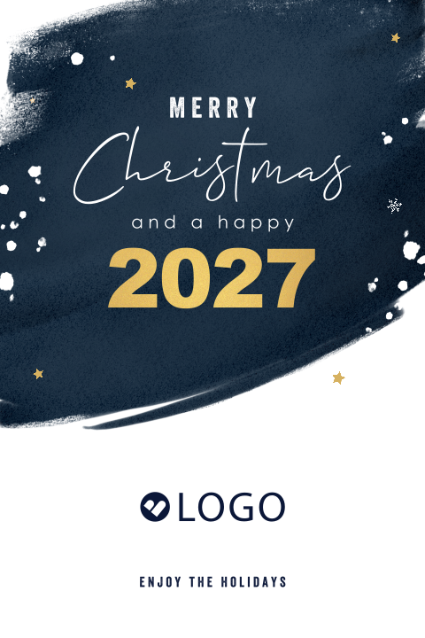 Trendy zakelijke kerstkaart met eigen logo en donkerblauw aquarel
