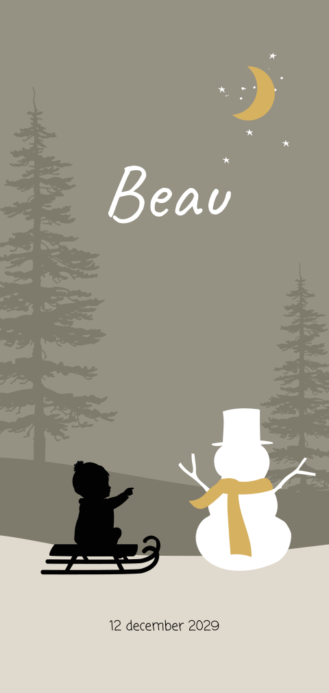 Unisex silhouet geboortekaartje winter met slee en sneeuwpop