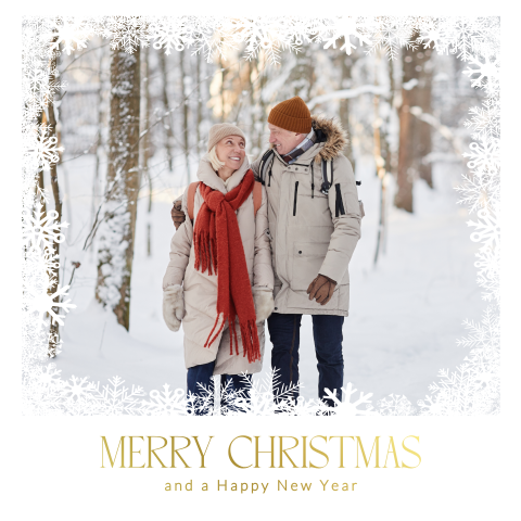 Luxe foto kerstkaart met sneeuw kader en foliedruk