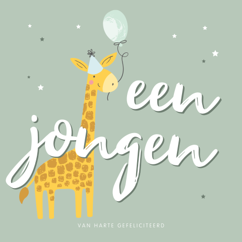 Felicitatiekaart geboorte jongen met feestelijke giraffe met ballon