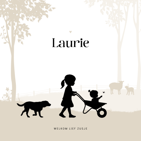 Silhouet zusje geboortekaartje meisje met grote zus, kruiwagen en hond