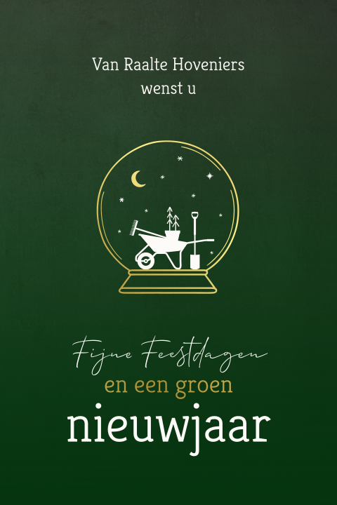 Kerstkaart kruiwagen met tuingereedschap goudfolie