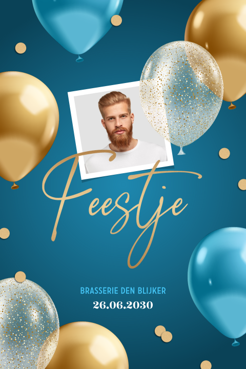 Uitnodiging verjaardagfeestje met goudlook ballonnen, confetti en foto