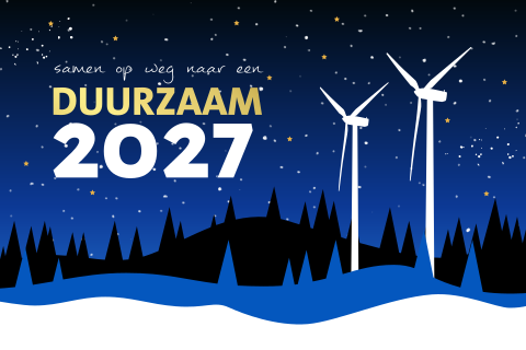 Zakelijke kerstkaart met kerstbomen, windturbines en goudfolie
