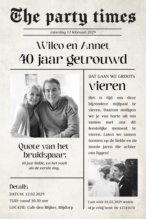 Krant huwelijksjubileum uitnodiging 40 jaar getrouwd met eigen foto