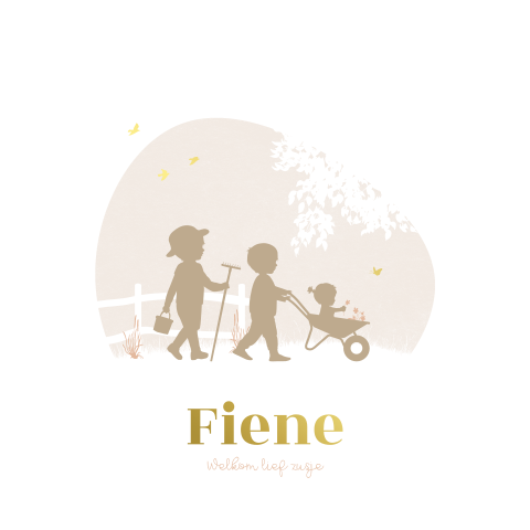 Geboortekaartje zusje in kruiwagen met goudfolie